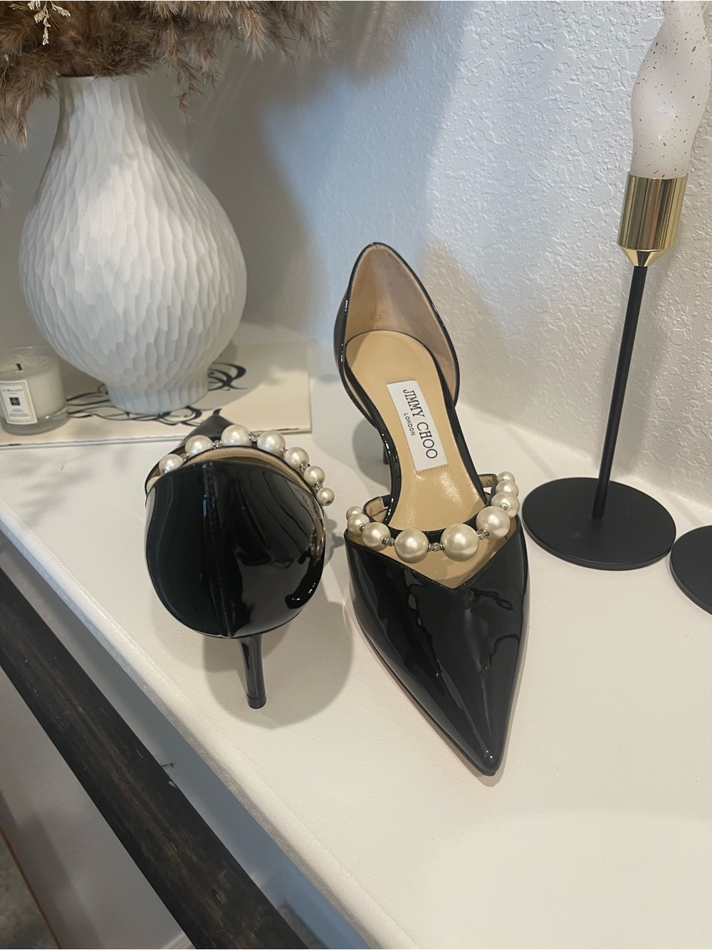 Jimmy Choo Black Patent Leather Pearl-Strap Pointed Slingback Heels - Picture 9 of 11